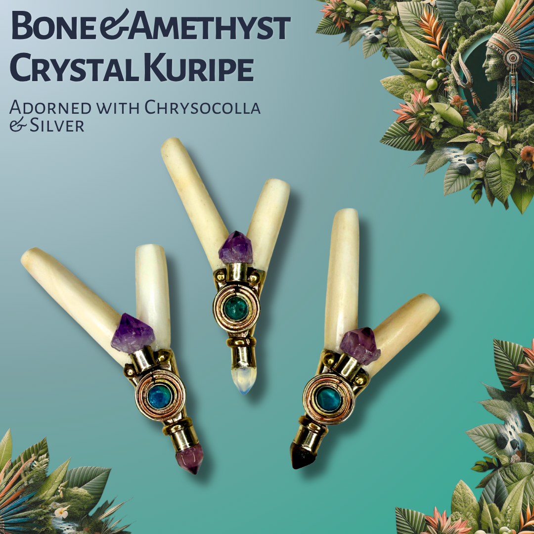 Bone & Amethyst Crystal Kuripe with Silver Inlay