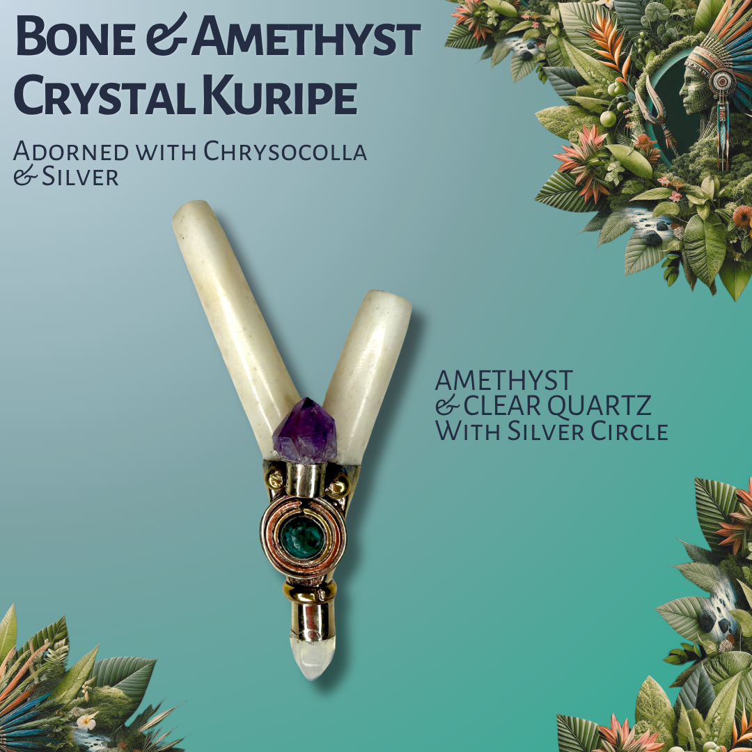 Bone & Amethyst Crystal Kuripe with Silver Inlay