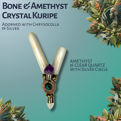 Bone & Amethyst Crystal Kuripe with Silver Inlay
