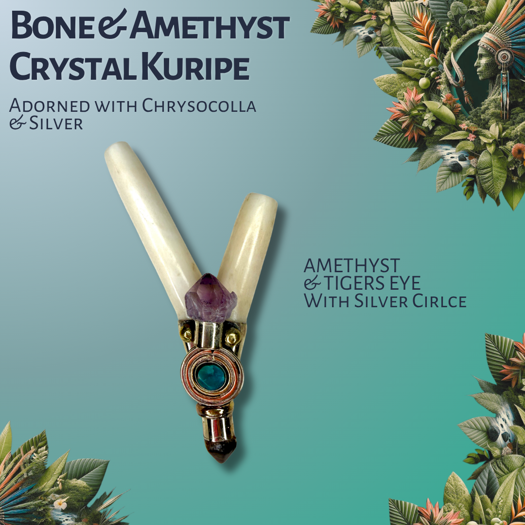 Bone & Amethyst Crystal Kuripe with Silver Inlay