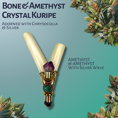 Bone & Amethyst Crystal Kuripe with Silver Inlay