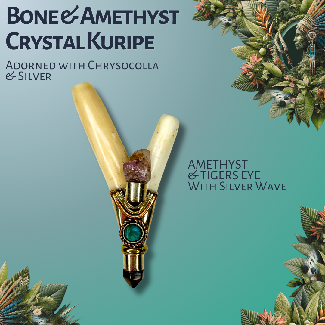 Bone & Amethyst Crystal Kuripe with Silver Inlay