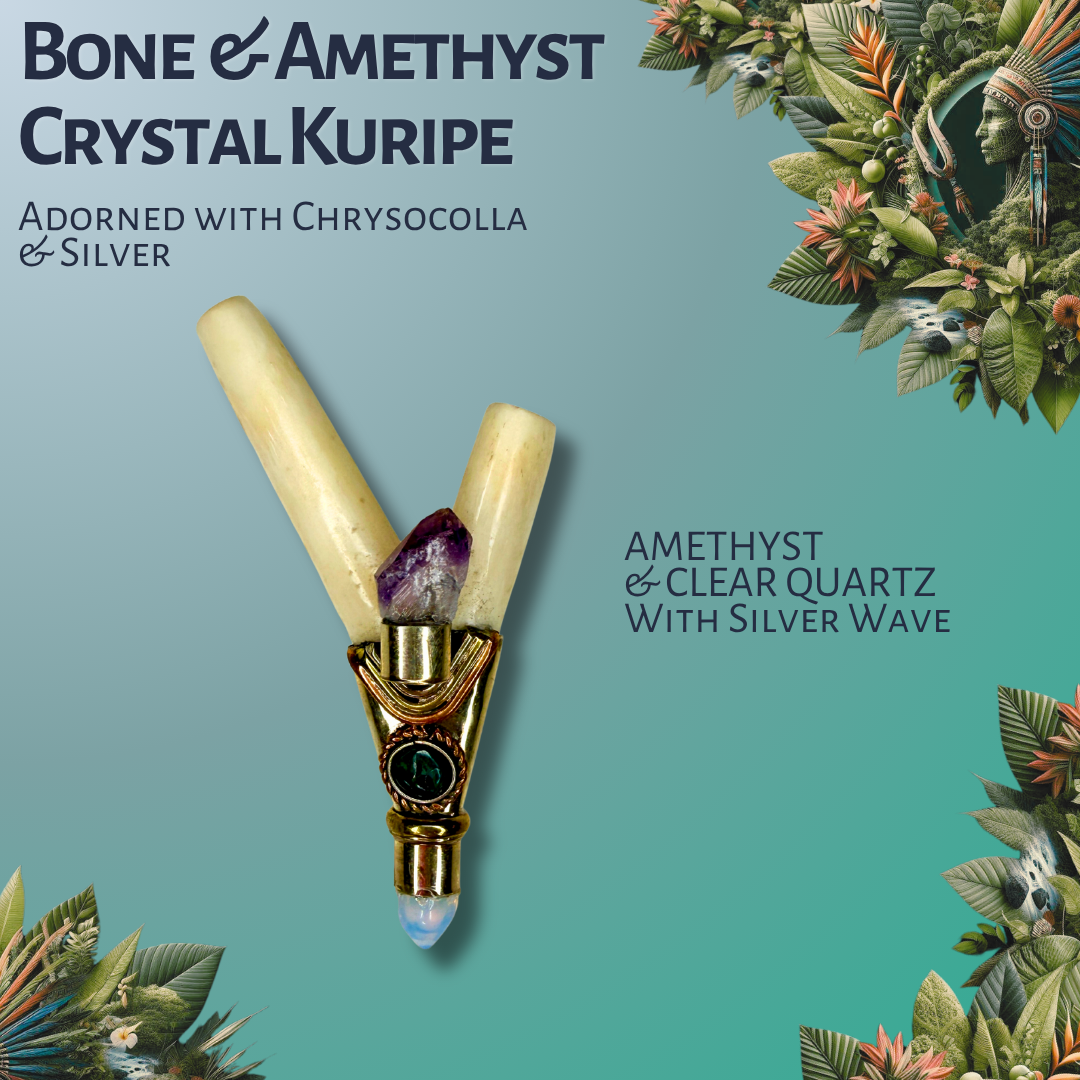 Bone & Amethyst Crystal Kuripe with Silver Inlay