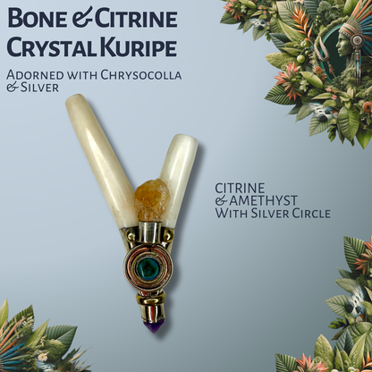 Bone & Citrine Crystal Kuripe with Silver Inlay